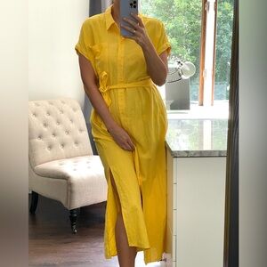 New! Bright Yellow Belted Buttons on the Front, Short Sleeves Shirt Dress size12